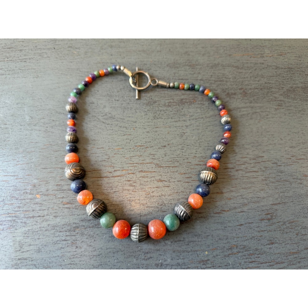 Vintage Multi Gemstone Beaded Necklace  Metal Accent Toggle Clasp 18in